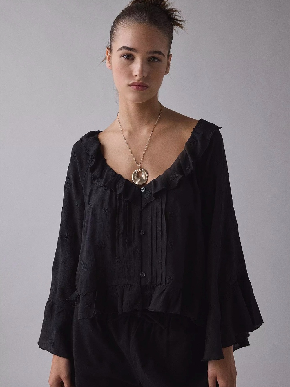 Urban Outfitters Ruffled Black Bell Sleeve Blouse Large Whimsigoth Witchy Fairy